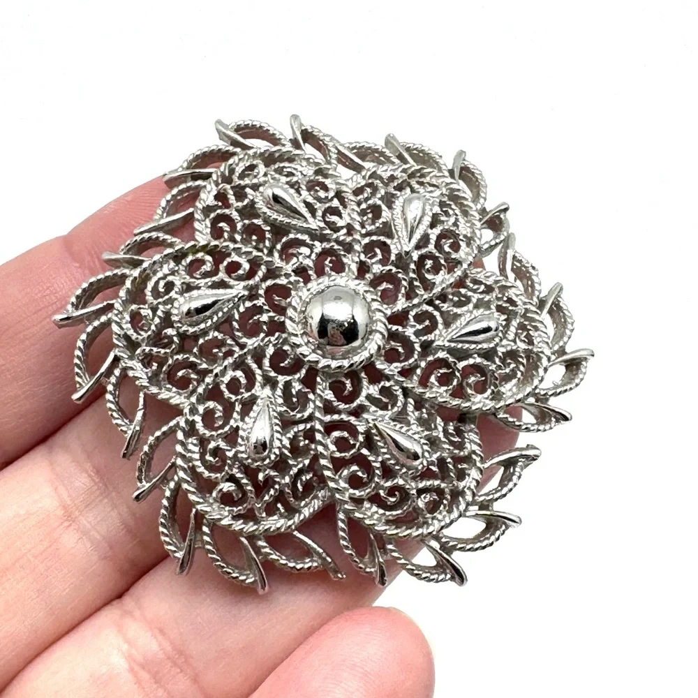 Trifari Silvertone Floral Filigree Brooch